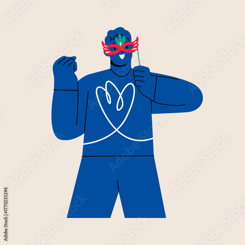 Man holding party mask. Colorful vector illustration