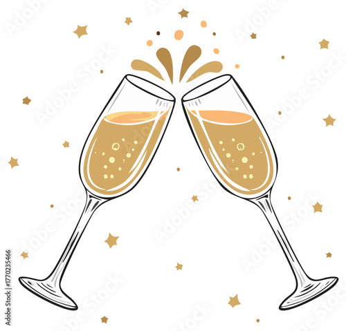 Celebratory toast with two clinking champagne glasses splashing with golden stars