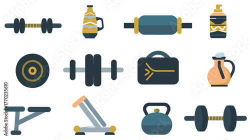 Flat icons of gym treadmill, barbell, and protein shake — fitness and workout equipment vector design