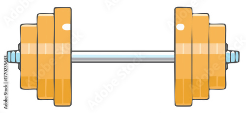 Colorful cartoon barbell with orange weight plates and blue clips for fitness illustration