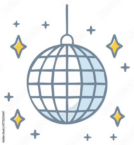 Sparkling Disco Ball with Hanging String and Dazzling Stars, Hand Drawn Style