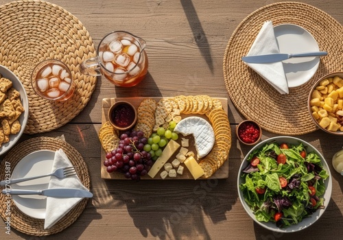 A table topped with plates of food and glasses of wine