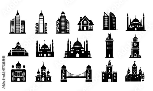 City skyline silhouette, urban landscape illustration, modern architecture, black vector art, skyscraper design, metropolitan view, cityscape graphic, skyline artwork, urban planning