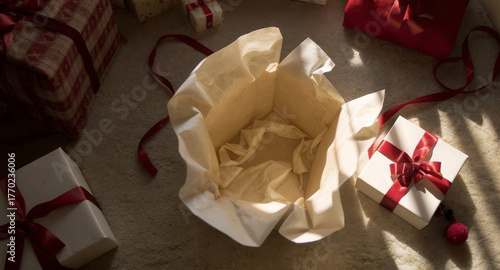 Unboxing gifts, a festive scene with beautiful ribbons and wrapping, perfect for holiday promotions and celebrations, full of joy