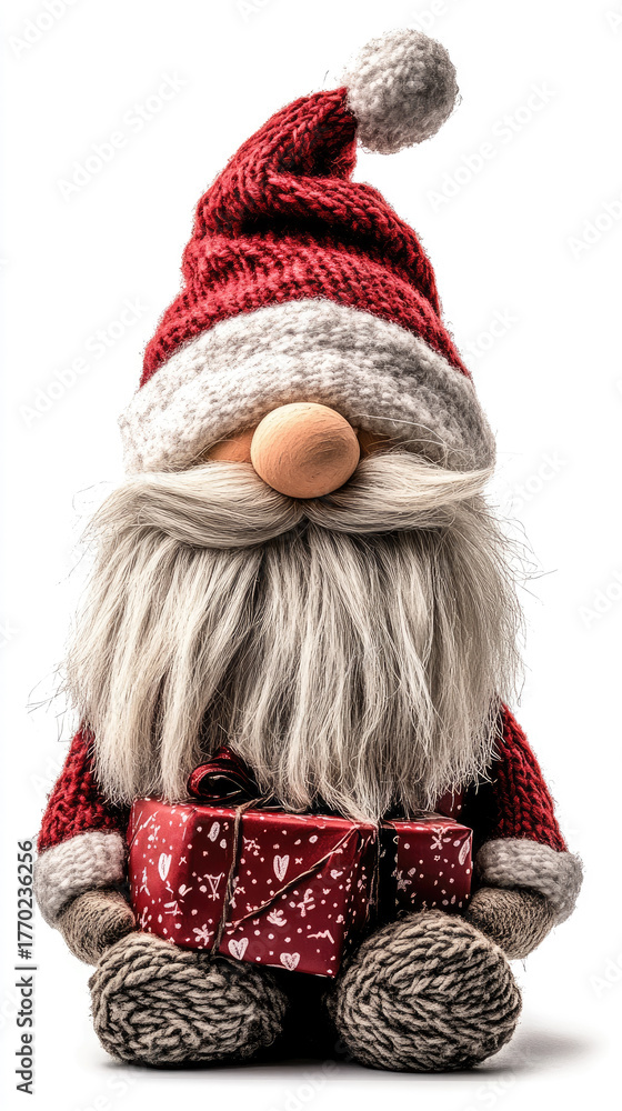 Naklejka premium christmas funny cheerful santa gnome with a very long beard and a hat covering his eyes holiday character, 3d illustration, playful pose isolated on red background, space for text