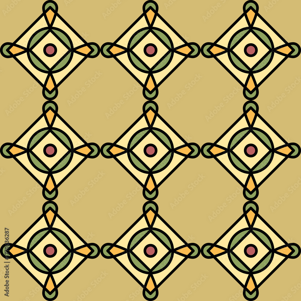 Naklejka premium Geometric seamless tile pattern with golden ornament, textile, rug, graphic, earthy tones.