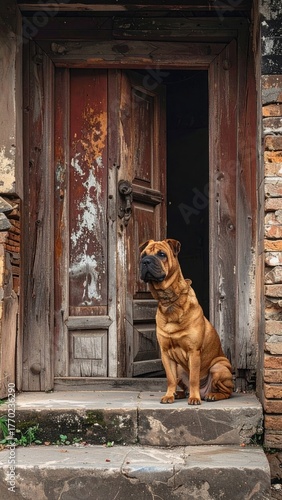 Brown Dog Sitting by Old Wooden Doorway