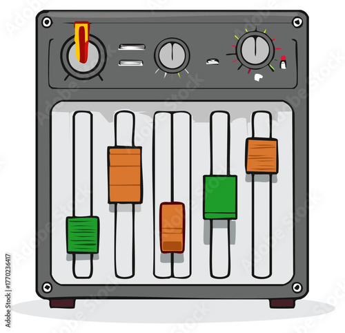 Cartoon audio mixing console with colorful faders knobs and buttons for sound control