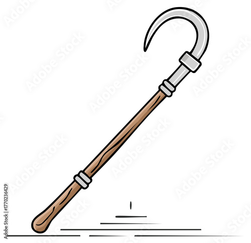 Cartoonish crook stick or shepherd's staff, a hooked wooden cane for herding or climbing hill illustration