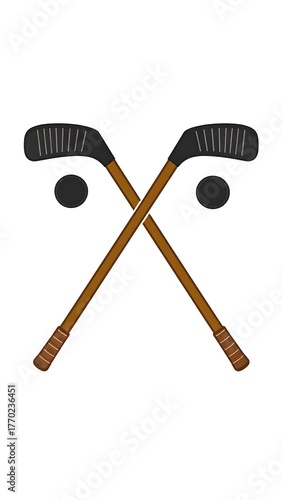 Crossed hockey sticks with two pucks, graphic design element