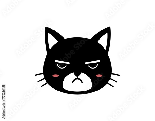 Cute cartoon black cat head with a grumpy expression on a white background