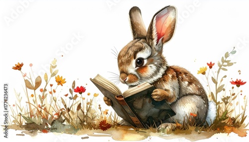 Brown Rabbit Reading Book in Wildflower Meadow