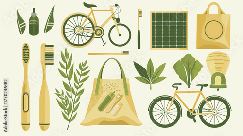 Flat icons of eco lifestyle — bamboo toothbrush, tote bag, and reusable cup vector design