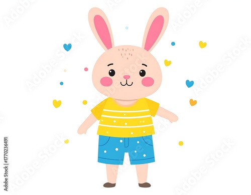 Cute cartoon rabbit wearing shirt and shorts, surrounded by hearts