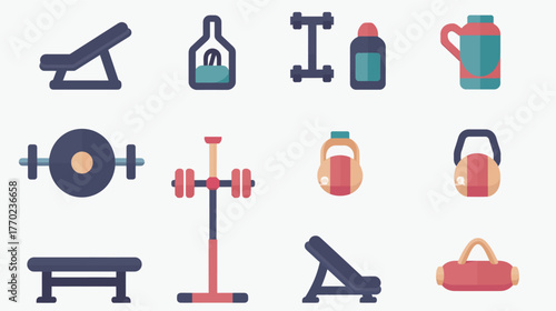 Flat icons of gym treadmill, barbell, and protein shake — fitness and workout equipment vector design