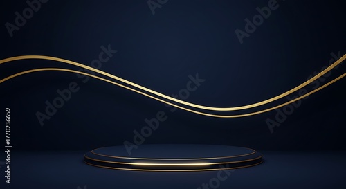 Elegant podium with gold accents on dark blue background for display