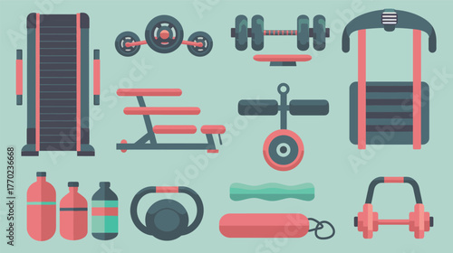 Flat icons of gym treadmill, barbell, and protein shake — fitness and workout equipment vector design