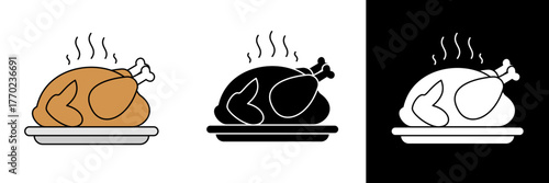 Minimalist roast turkey illustration with steam lines, shown in color, black, and white versions. Perfect for Thanksgiving, menus, and holiday cooking designs.