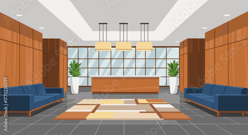 Modern office building lobby or hotel reception area with a front desk, waiting lounge with sofas, and wooden walls vector illustration. c