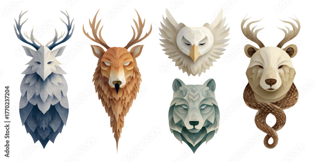 Fototapeta premium Stylized Animal Heads in Low Poly Art Style with Isolated Transparent Background