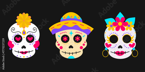 Dia de los muertos. A set of different  Mexican traditional sugar skulls. Vector illustration on isolated dark background
