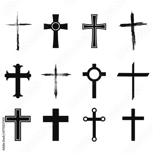 Vector image of a Christian cross silhouette in various styles. Concept of Orthodoxy and faith. Element for your design.