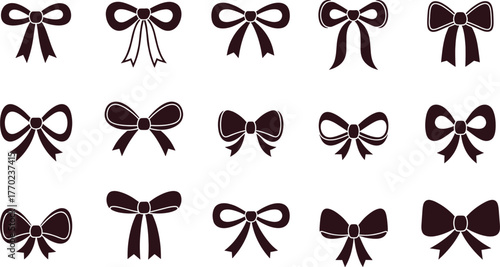 Assortment of Dark Silhouette Bow Tie and Ribbon Icons on White Background Keywords: bow, ribbon, bow tie, gift, present, decoration, accessory, fashion, elegant, decorative, knot, loop, tie