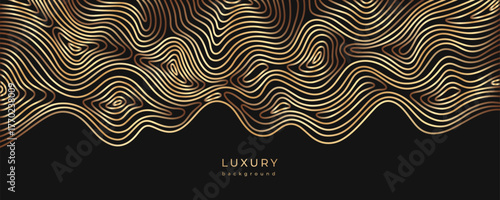 Banner background with wavy golden lines. Golden flowing linear liquid. Luxury texture. Curved pattern