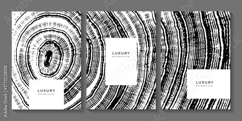 Collection of black and white templates with wooden stump texture. Backgrounds with grunge wood imprint. Annual tree rings. Organic eco background. Templates for business cards, cover