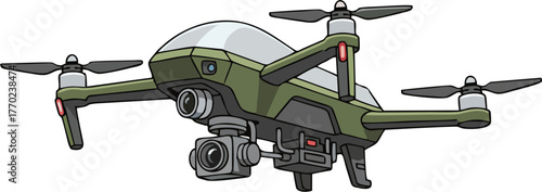 Military Quadcopter Drone Vector Illustration, Cartoon Tactical Surveillance UAV with Camera Flying