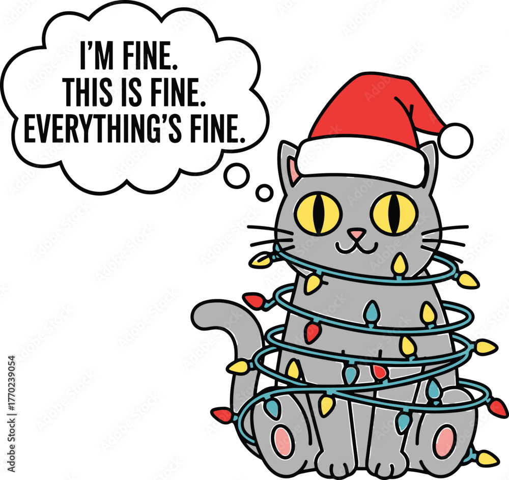 Obraz premium Cat Tangled in Christmas Lights with Thought Bubble Saying