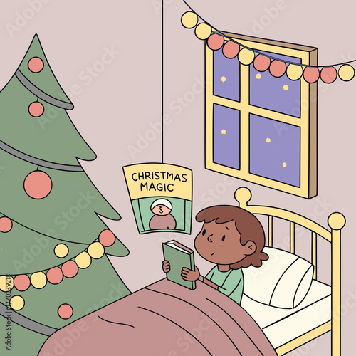 A young child reads a christmas magic book in bed next to a decorated christmas tree and a window with festive lights