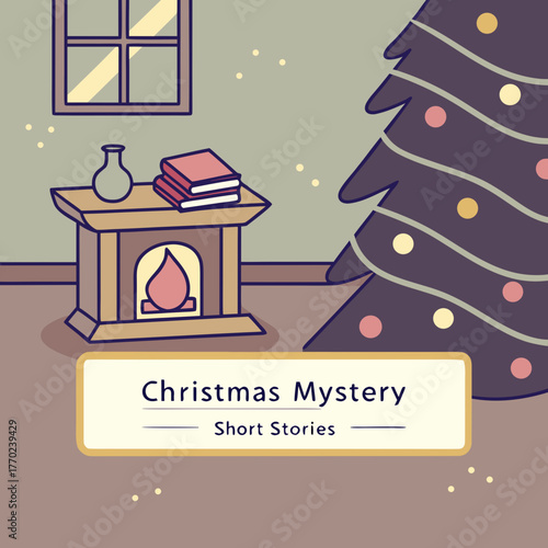Cozy christmas scene with a decorated tree fireplace books and a window perfect for holiday storytelling and mystery