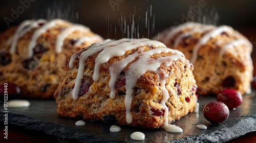 A cranberry scones with glaze drizzle, rustic setup