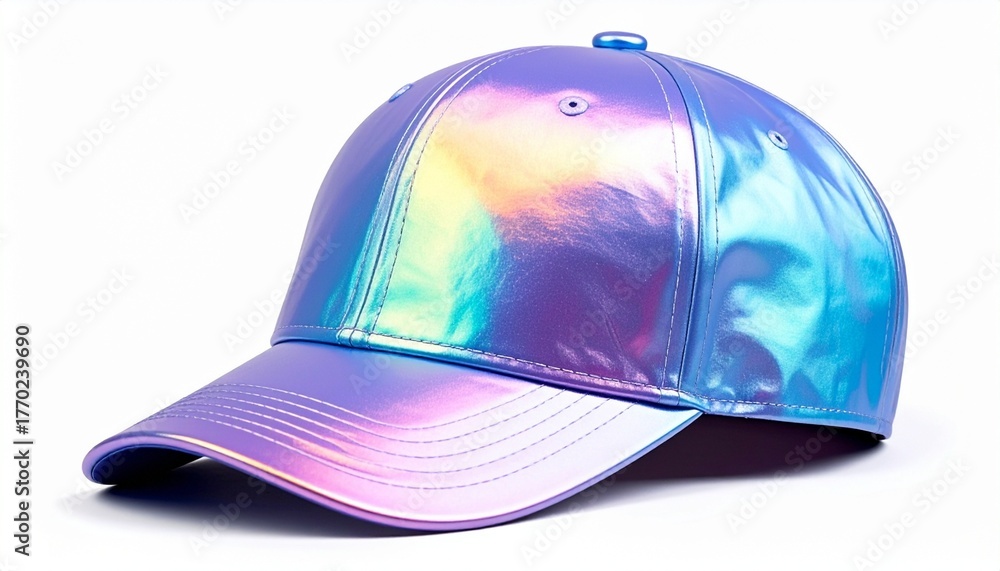 Fototapeta premium Iridescent metallic baseball cap with stitched panels and curved brim in purple blue pink silver tones for editorial fashion photography accessory design and poetic style-themed visuals