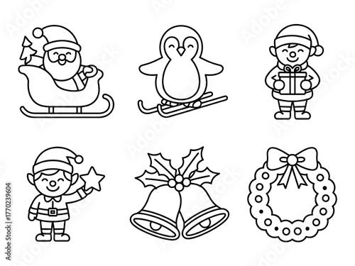 Collection of black and white christmas icons and decorations, Hand Drawn Black and White Christmas Illustrations Set with Various Elements and Styles