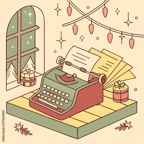 Cozy winter scene with a vintage typewriter gifts and festive lights evoking a sense of holiday creativity and storytelling