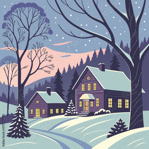 Cozy winter scene with snow falling on two houses nestled in a forest with bare trees and hills in the background