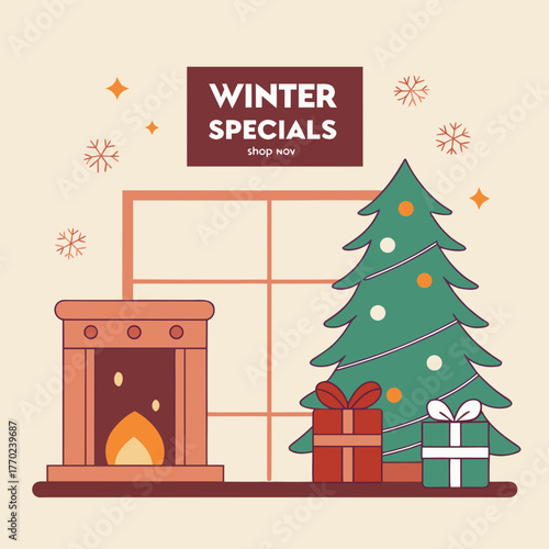 Cozy winter specials sale announcement with christmas tree fireplace and gifts illustration