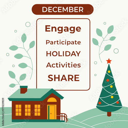 December holiday activities engage participate share with festive house and christmas tree illustration