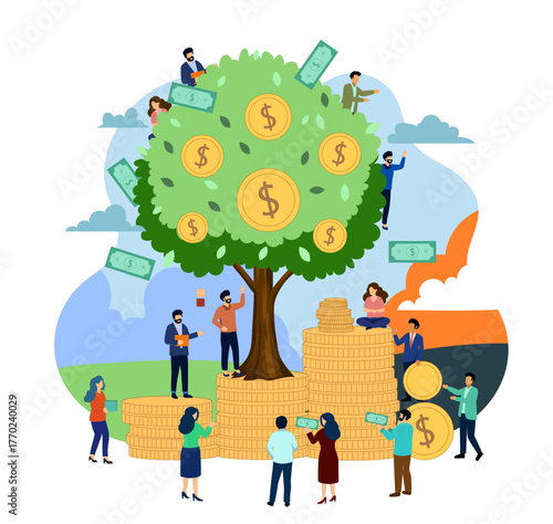Vector illustration of people growing a money tree with coins and dollar bills. Concept of financial growth, investment, and business success in flat cartoon style.