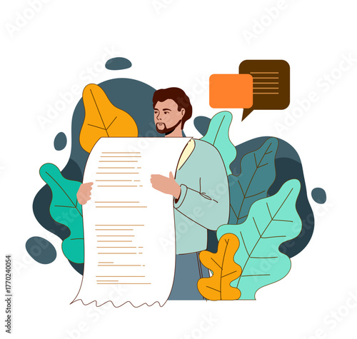 Vector illustration of a man reading a long document or receipt. Concept of financial report, paperwork, or business contract in modern flat cartoon style.