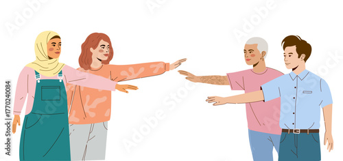 Diverse group of people reaching hands together, unity, teamwork, inclusivity, community support, togetherness, multicultural friendship in flat modern illustration.