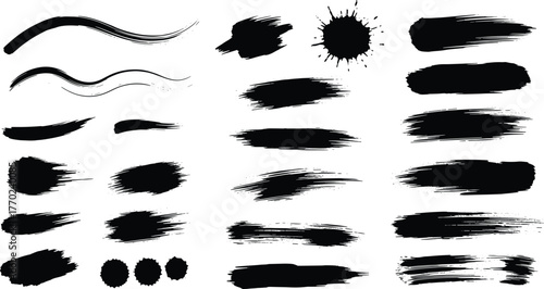 Collection of black ink brush strokes and splatters on a white background paint splash