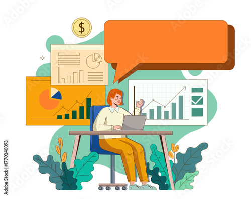 Vector illustration of a businesswoman analyzing financial charts on a laptop. Concept of data analysis, business growth, and financial report presentation.
