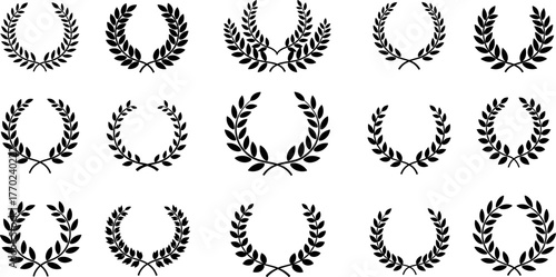 Collection of Black Laurel Wreaths and Branches in Three Rows Keywords: laurel wreath, branches, leaves, olive branches, victory wreath, award, achievement, success, recognition, honor, medal