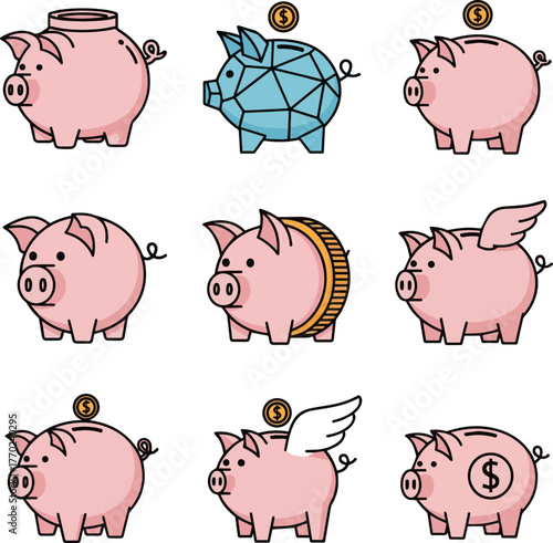 Create a kinds of deferent Pig piggy bank simple vector icon illustration material vector art with white background..