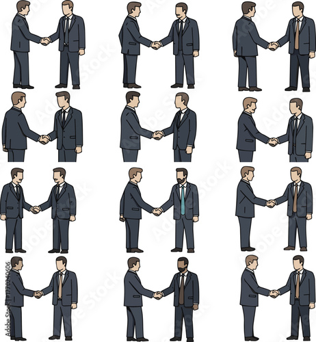 Create a kinds of deferent Simple vector illustration of a man in a suit shaking hands vector art with white background.