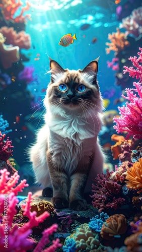 Cat Underwater in Vibrant Coral Reef