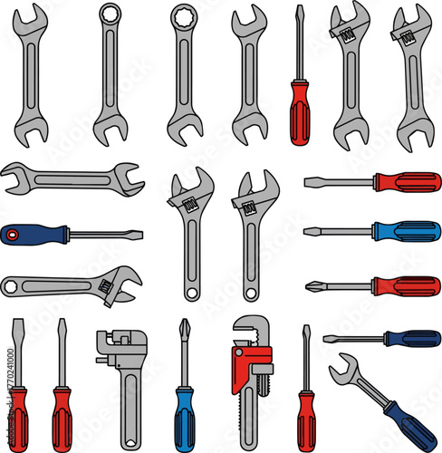 Create a kinds of deferent Spanner and screwdriver simple vector icon illustration material vector art with white background..